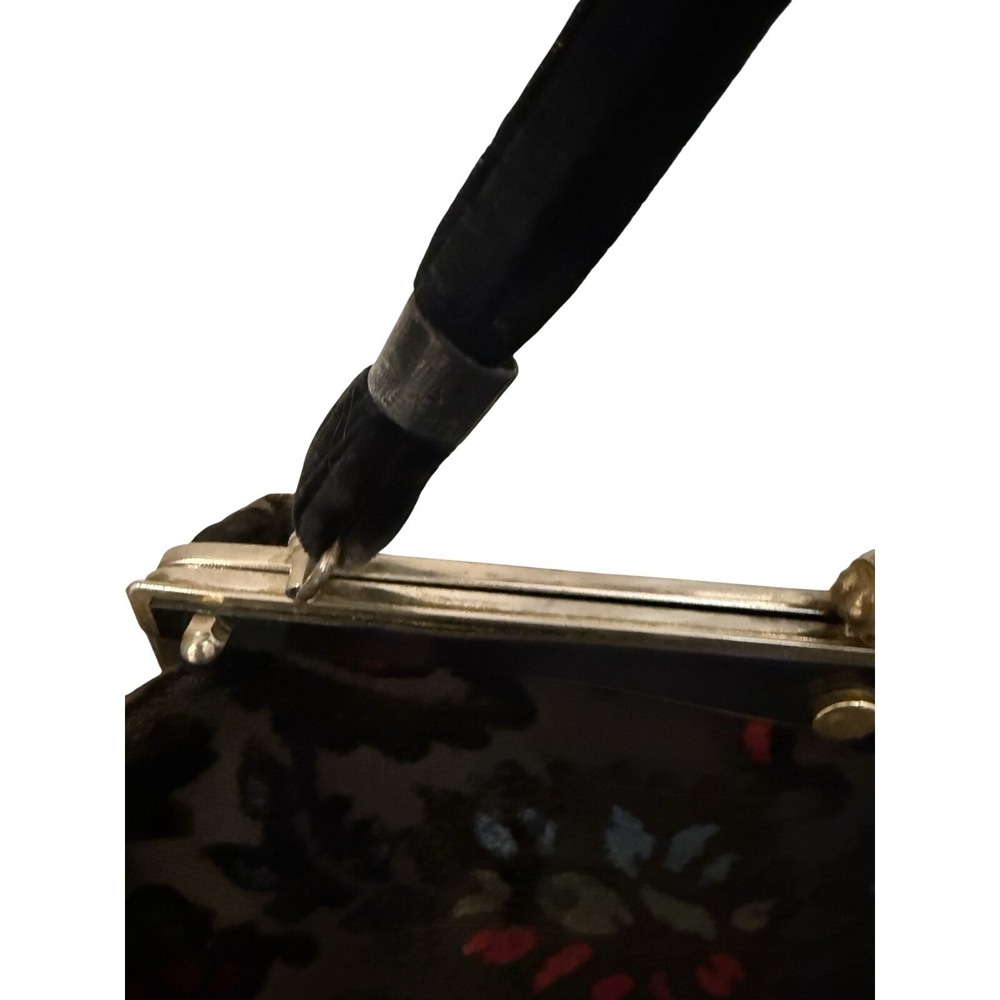 Vintage Floral Velvet Burnout Frame Bag Kiss Lock Top Handle Purse Retro 50s 60s - Picture 4 of 9